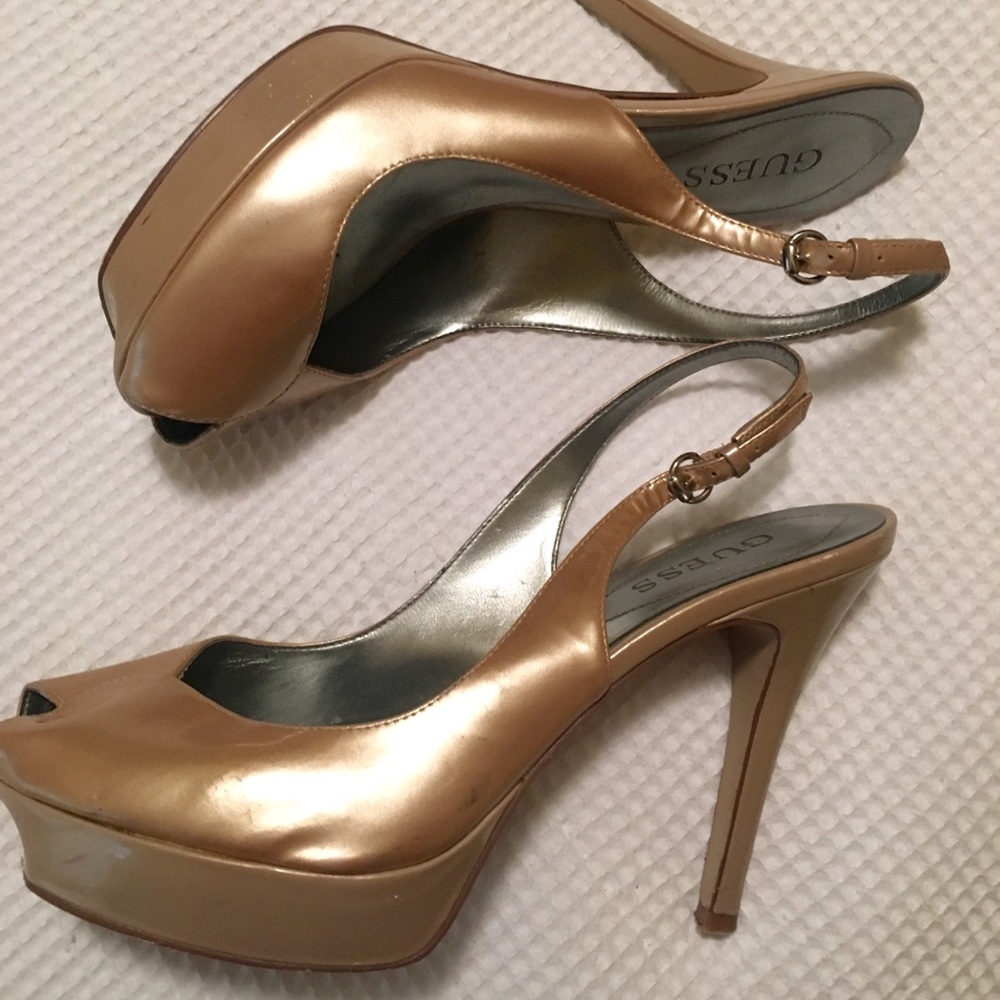 Gold Patent leather Guess platform peep toe heels